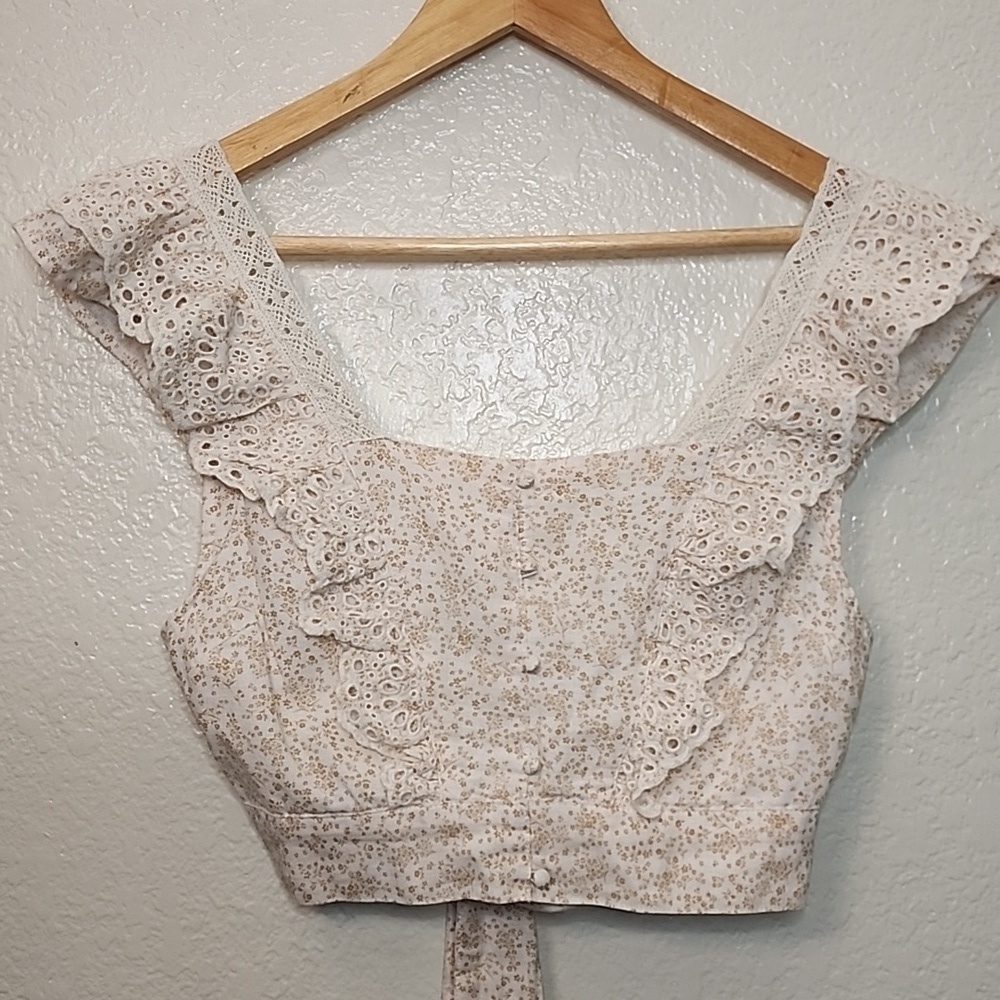 American Eagle Beige Floral Cropped and Ruffled Peasant Tie Top